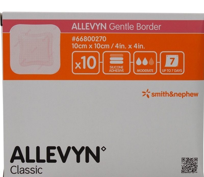 ALLEVYN GENTLE BORDER. Apósito hidrocelular con características de Allevyn Gentle y  borde adhesivo. 10x10cm   Caja c/10