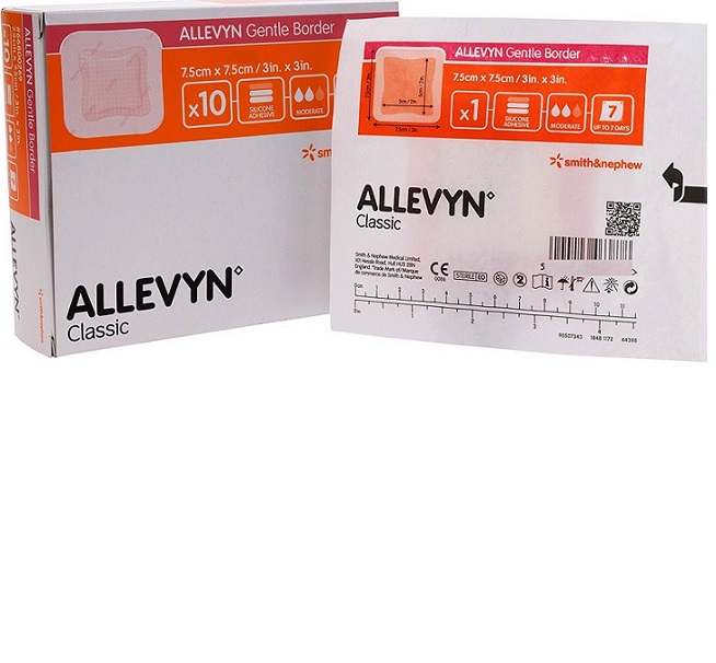 ALLEVYN GENTLE BORDER. Apósito hidrocelular con características de Allevyn Gentle y borde adhesivo. 7.5x7.5cm   Caja c/10