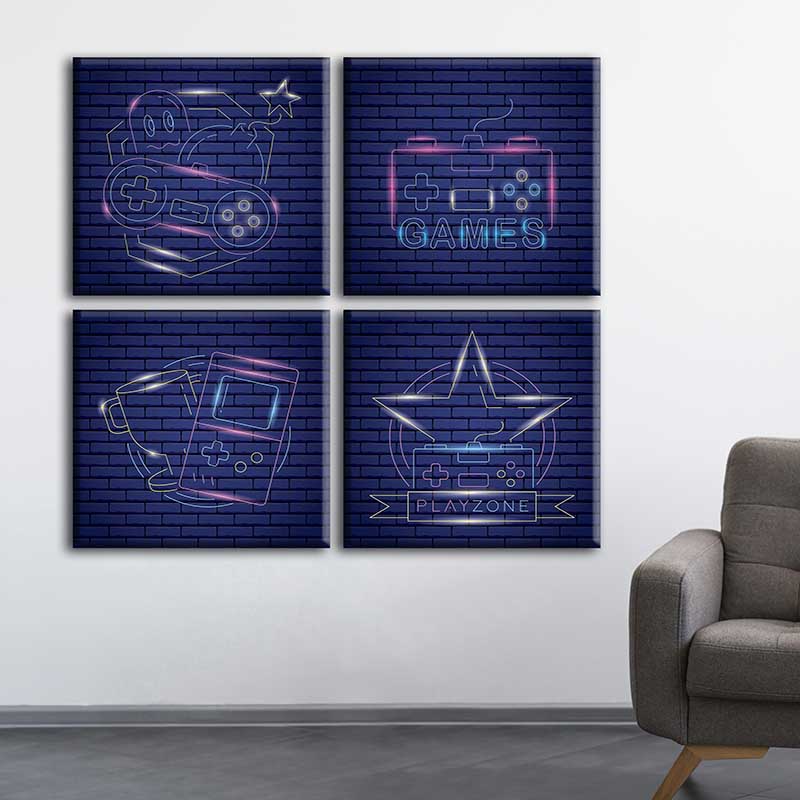 SET 4 CUADROS GAMERS AZULES CON BASTDOR DE MADERA MYCO