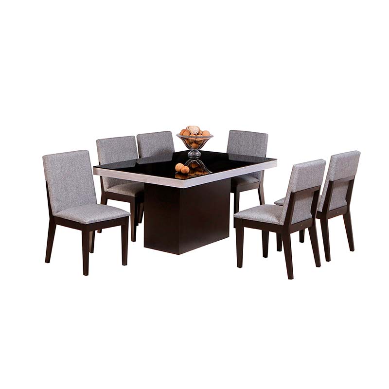COMEDOR MOBELO DEGAS CON 6 SILLAS 425 COLOR GRIS CUBIERTA DE CRISTAL NEGRO-ENTREGA ÚNICAMENTE EN CDMX, QUERÉTARO, PACHUCA, TOLUCA Y SUS ÁREAS METROPOLITANAS