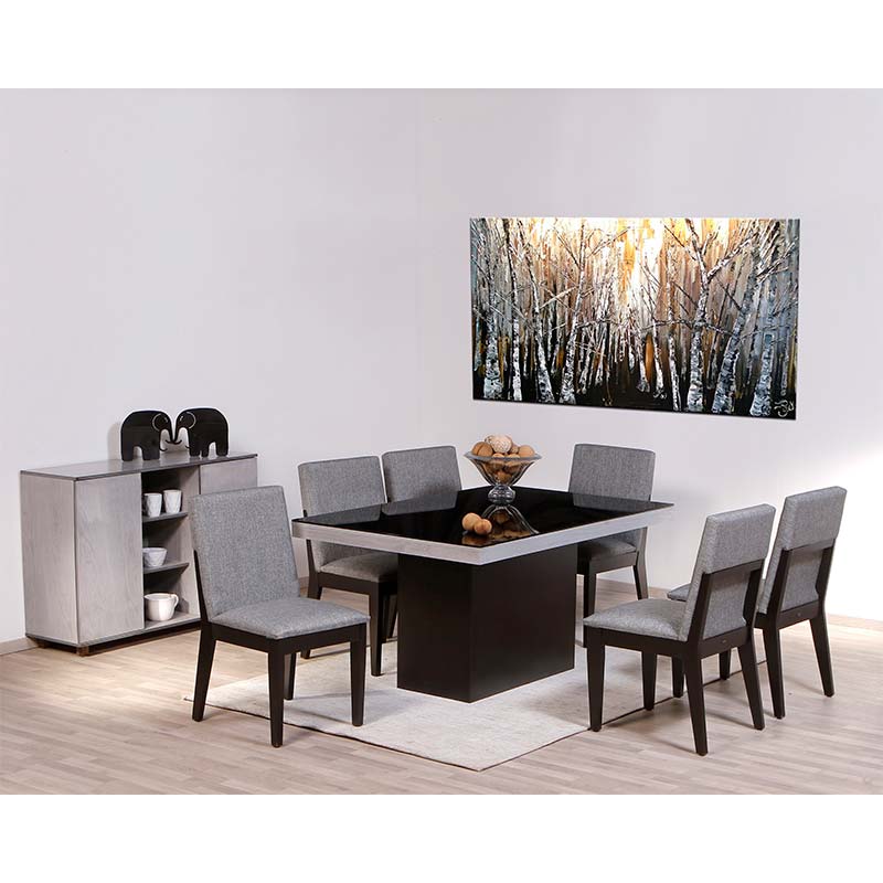 COMEDOR MOBELO DEGAS CON 6 SILLAS 425 COLOR GRIS CUBIERTA DE CRISTAL NEGRO-ENTREGA ÚNICAMENTE EN CDMX, QUERÉTARO, PACHUCA, TOLUCA Y SUS ÁREAS METROPOLITANAS