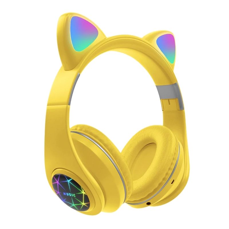 Audífonos Bluetooth Diadema Orejas de Gato con luz LED, LBP, con Cancelación de Ruido -Amarillo