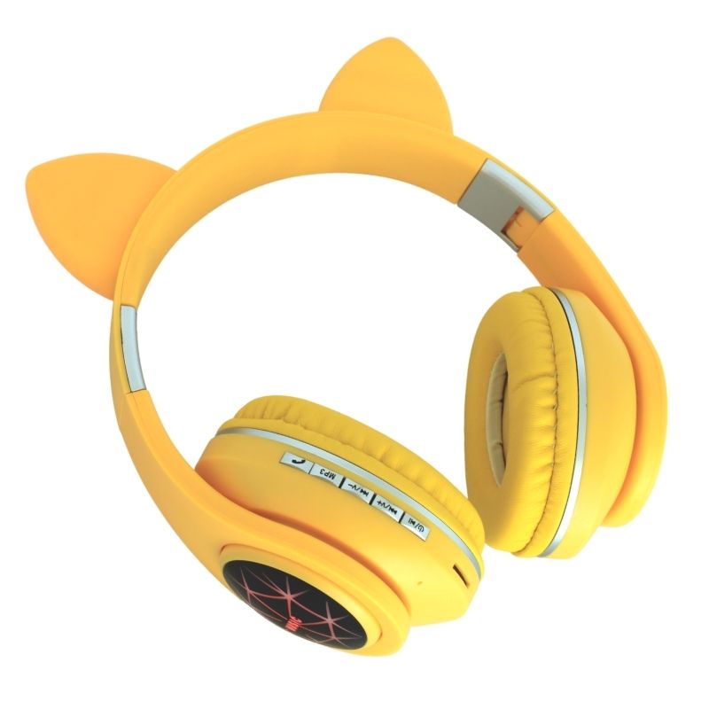 Audífonos Bluetooth Diadema Orejas de Gato con luz LED, LBP, con Cancelación de Ruido -Amarillo