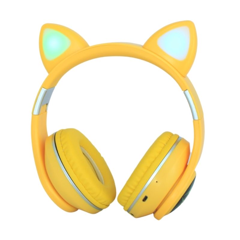 Audífonos Bluetooth Diadema Orejas de Gato con luz LED, LBP, con Cancelación de Ruido -Amarillo