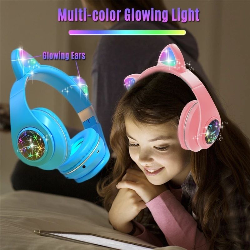 Audífonos Bluetooth Diadema Orejas de Gato con luz LED, LBP, con Cancelación de Ruido -Amarillo