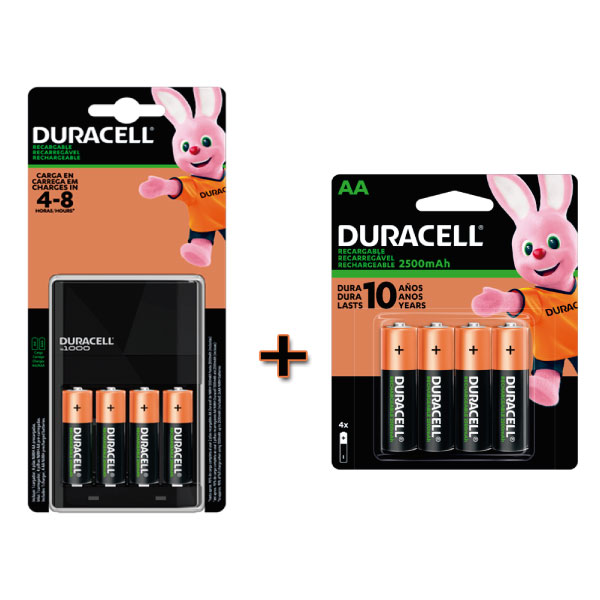 Kit Cargador para Pilas Recargables marca Duracell con 4 pilas AA de 2500 mAh incluidas + 4 pilas AA de 2500 mAh.