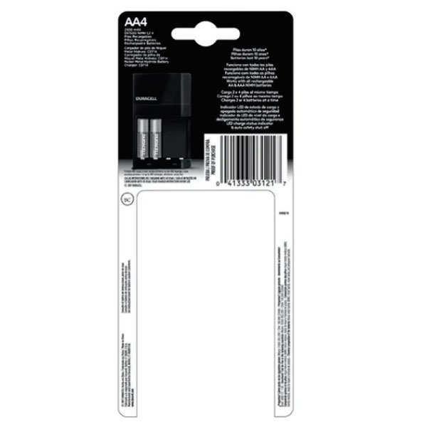 Cargador para Pilas Recargables marca Duracell con 4 pilas AA de 2500 mAh incluidas .