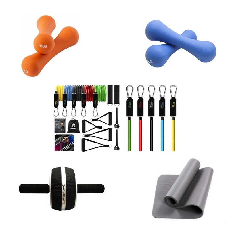 Kit Ligas De Resistencia + 2 Pares De Mancuernas + Un Tapete De Yoga Y Rueda Abdominal