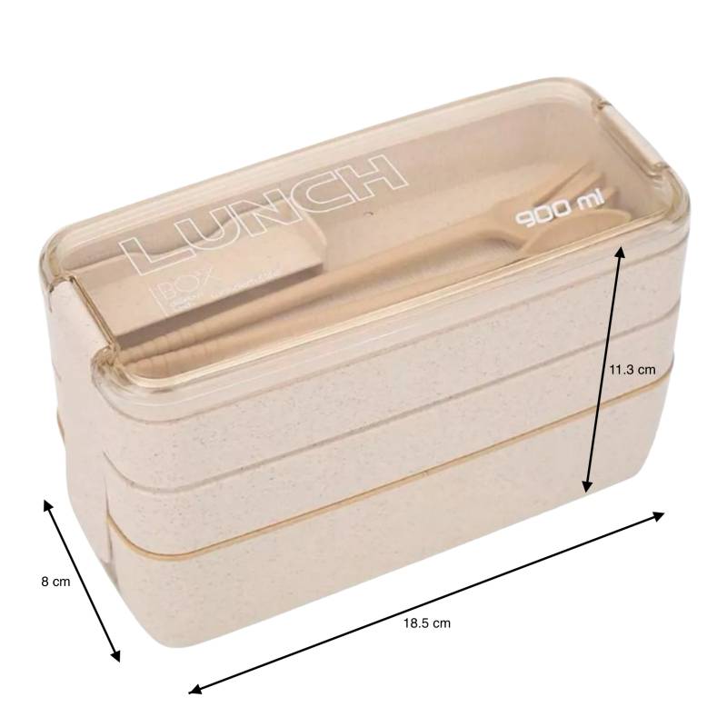 Box Lunch 3 Niveles Topper 1000ml Lonchera Bamboo Cubiertos. Beige