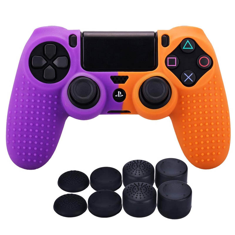 MandaLibre Funda Protectora con 8 Grips profesionales de Silicona Texturizada para Controles DualShock de Playstation 4 (Naranja con Morado)