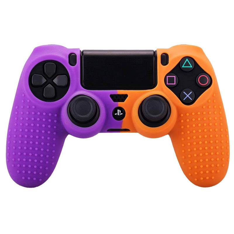 MandaLibre Funda Protectora con 8 Grips profesionales de Silicona Texturizada para Controles DualShock de Playstation 4 (Naranja con Morado)