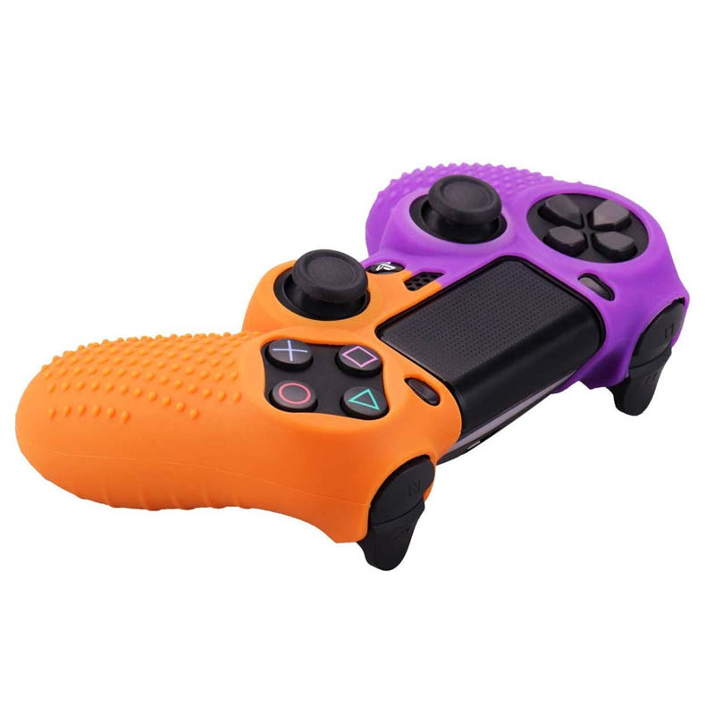 MandaLibre Funda Protectora con 8 Grips profesionales de Silicona Texturizada para Controles DualShock de Playstation 4 (Naranja con Morado)