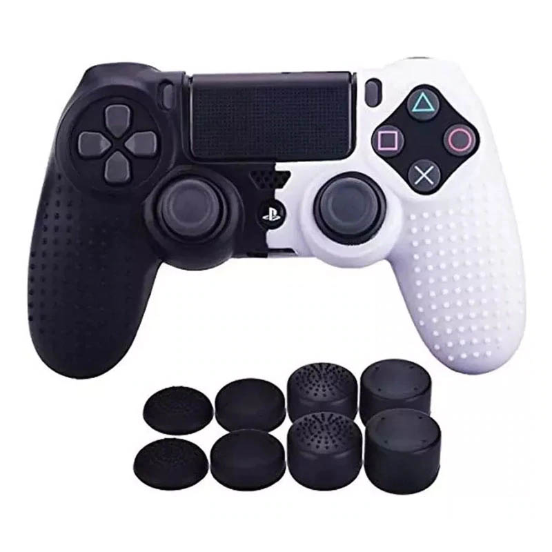 MandaLibre Funda Protectora con 8 Grips profesionales de Silicona Texturizada para Controles DualShock 4 de Playstation 4 (Blanco con Negro)
