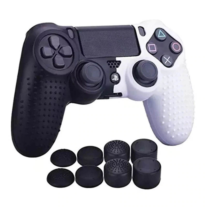 MandaLibre Funda Protectora con 8 Grips profesionales de Silicona Texturizada para Controles DualShock 4 de Playstation 4 (Blanco con Negro)