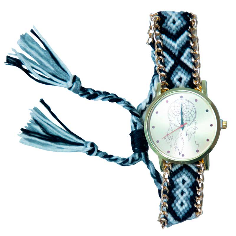 Reloj Para Dama Artesanal Pulsera De Tela Tejida A Mano Blanco Con Negro Y Gris