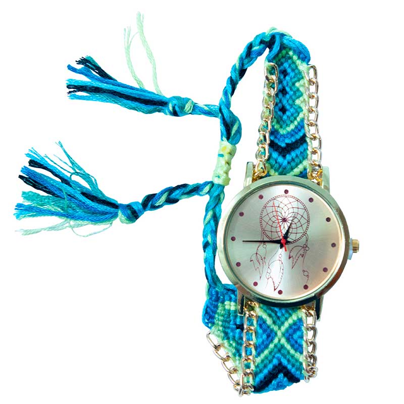 Reloj Para Dama Artesanal Pulsera De Tela Tejida A Mano Azul Con Amarillo