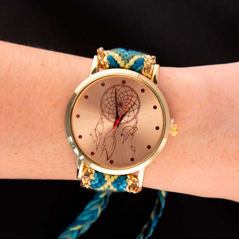 Reloj Para Dama Artesanal Pulsera De Tela Tejida A Mano Azul Con Amarillo