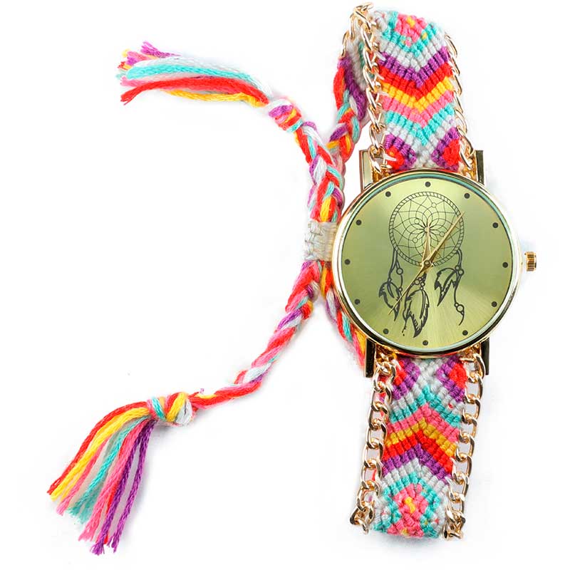 Reloj Para Dama Artesanal Pulsera De Tela Tejida A Mano Gris Con Rosa Y Amarillo