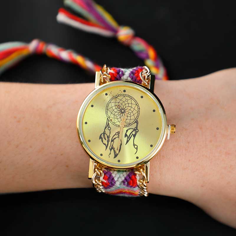 Reloj Para Dama Artesanal Pulsera De Tela Tejida A Mano Gris Con Rosa Y Amarillo