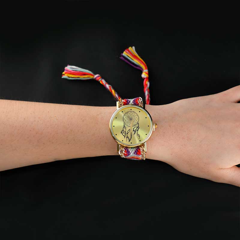 Reloj Para Dama Artesanal Pulsera De Tela Tejida A Mano Gris Con Rosa Y Amarillo