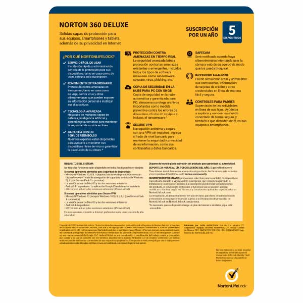 Antivirus Norton 360 Deluxe 5 dispositivos 1 año 2021