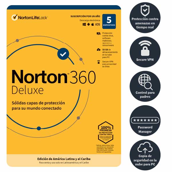 Antivirus Norton 360 Deluxe 5 dispositivos 1 año 2021