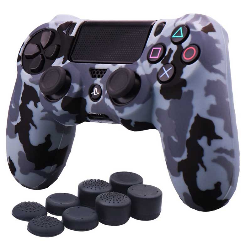 MandaLibre Funda Deluxe con 8 Grips de Silicona para Controles DualShock 4 de Playstation 4 (Gris Camuflaje)