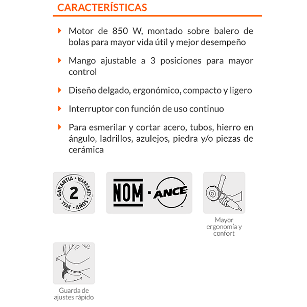 ESMERILADORA ANGULAR CORTADORA PULIDORA ERGO PRO 4-1/2" ANTIFATIGA 800 W PARA AZULEJO -TUBOS DE ACERO CERAMICA TRUPER 