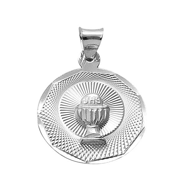 Medalla Primera Comunión de Cáliz con detalles de Ondas en Plata .925