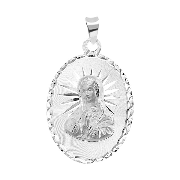 Medalla de la Virgen de Guadalupe Corte en Busto Ovalada con Brillo en Plata .925 