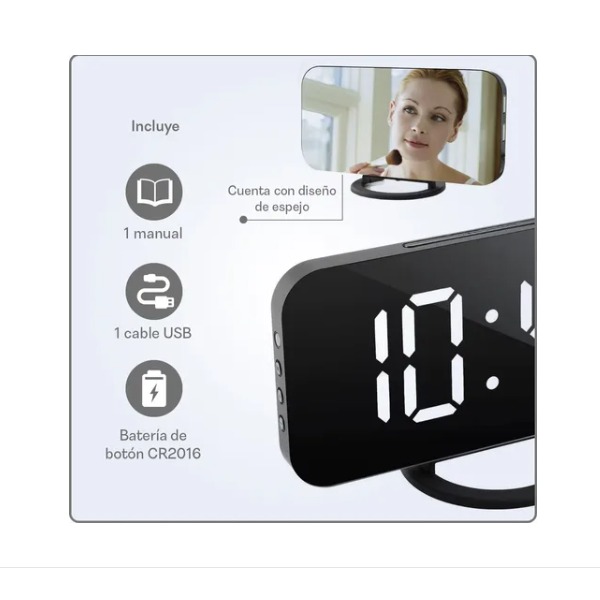 Despertador Digital Electrónico Reloj De Alarma Led Dual Espejo Brillo Ajustable Blanco