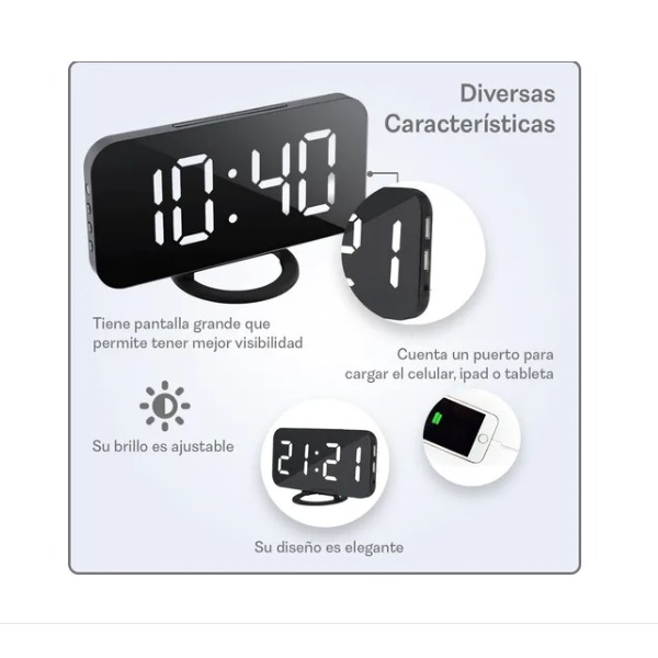 Despertador Digital Electrónico Reloj De Alarma Led Dual Espejo Brillo Ajustable Blanco