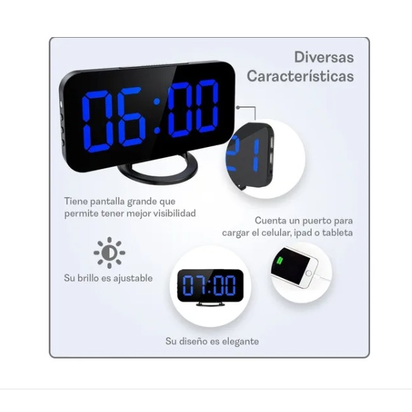 Despertador Digital Electrónico Reloj De Alarma Led Dual Espejo Brillo Ajustable Azul
