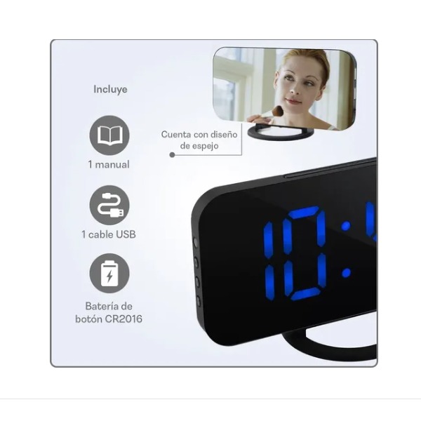 Despertador Digital Electrónico Reloj De Alarma Led Dual Espejo Brillo Ajustable Azul