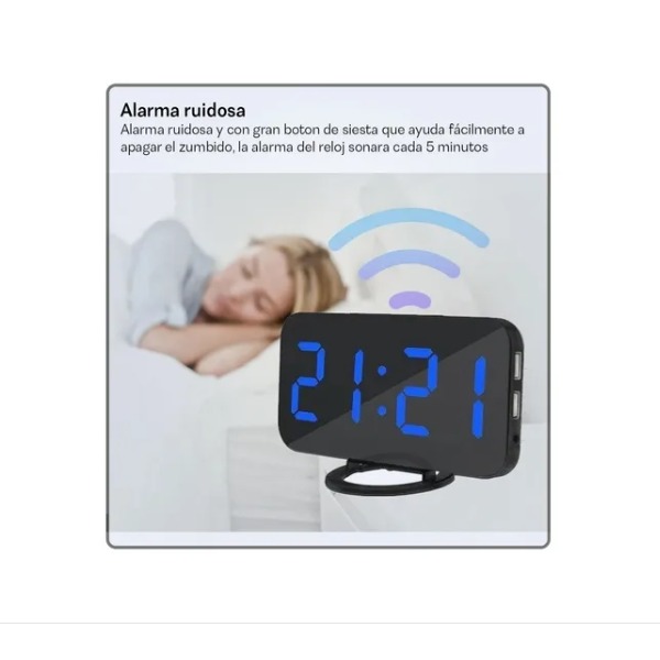 Despertador Digital Electrónico Reloj De Alarma Led Dual Espejo Brillo Ajustable Azul