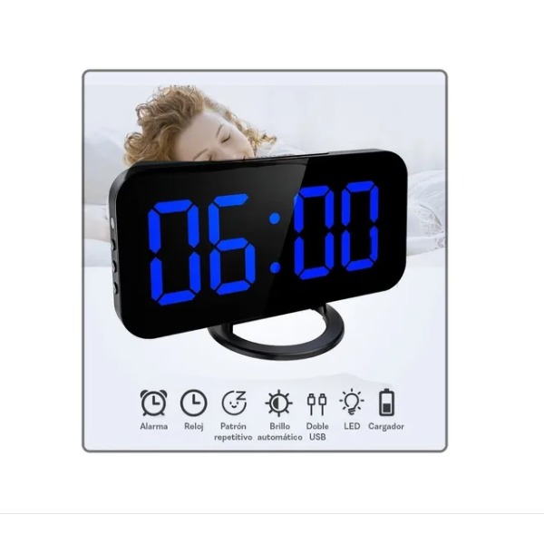 Despertador Digital Electrónico Reloj De Alarma Led Dual Espejo Brillo Ajustable Azul