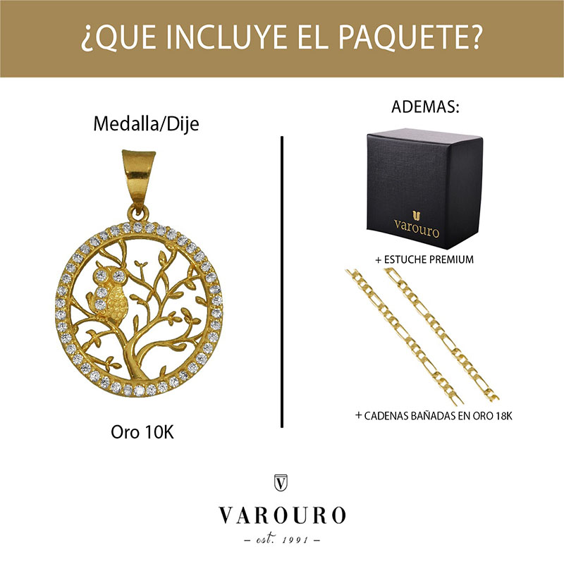 Dije Arbol De La Vida VAROURO Oro 10k 2gr | Amarillo + Cadena Regalo Chapa de Oro de 18k