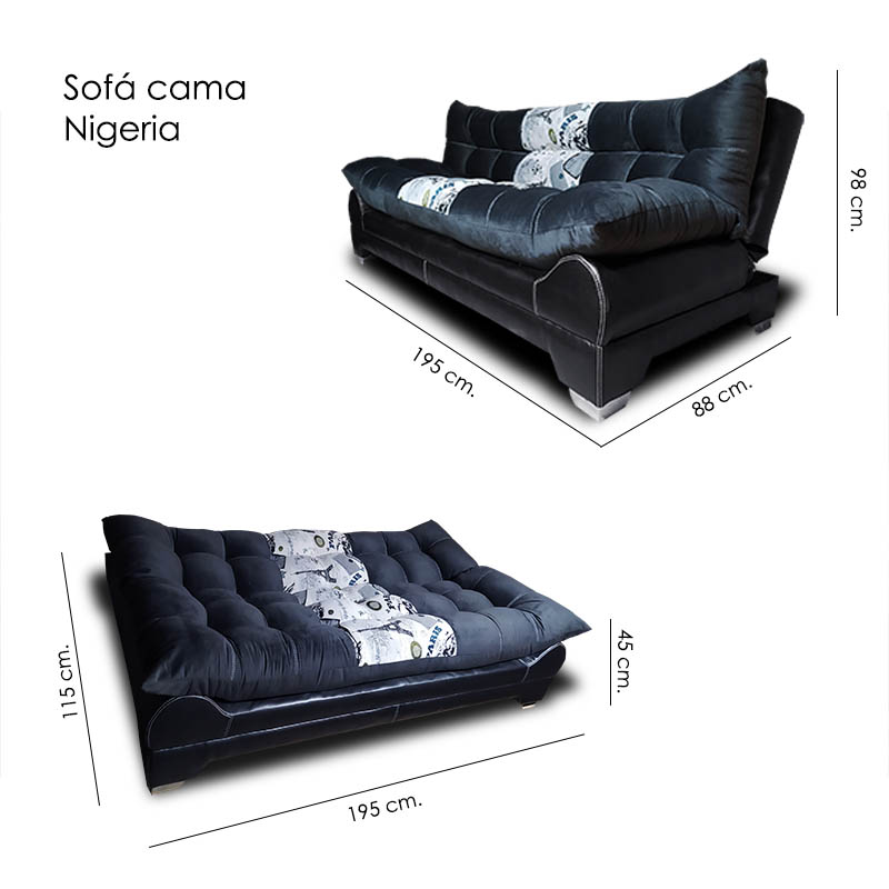 Sofa cama Nigeria Suede Negro y Paris +02 cojines decorativos Maderian