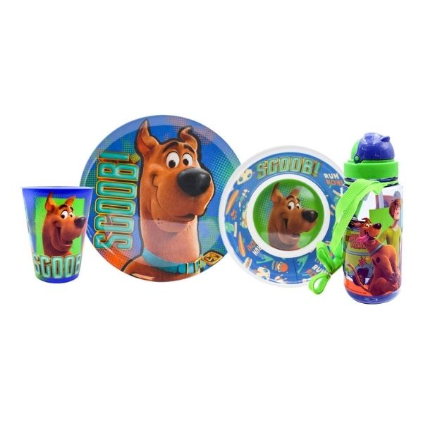 Fun Kids 1695-414/78E Juego de Vajilla Infantil de Melamina (Tipo Plástico) Scooby Doo, con 4 Piezas: Plato, Bowl, Vaso y Botella de Agua Cantimplora, Azul, Original