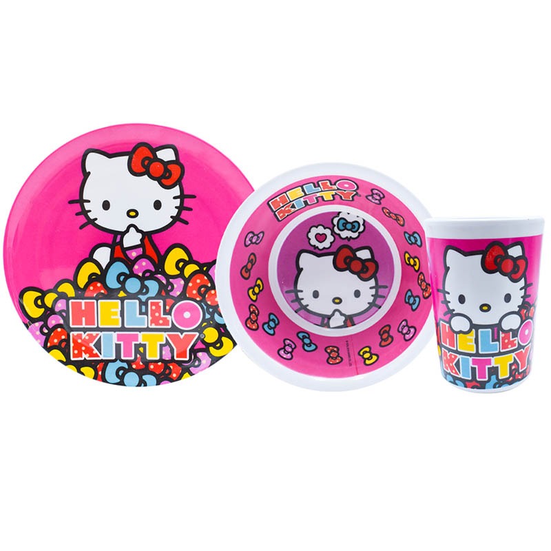 Fun Kids 1695-295W Juego de Vajilla de Melamina (Tipo Plástico) Hello Kitty Sanrio, Rosa, 3 Piezas: Plato, Bowl y Vaso de Agua, Producto Original