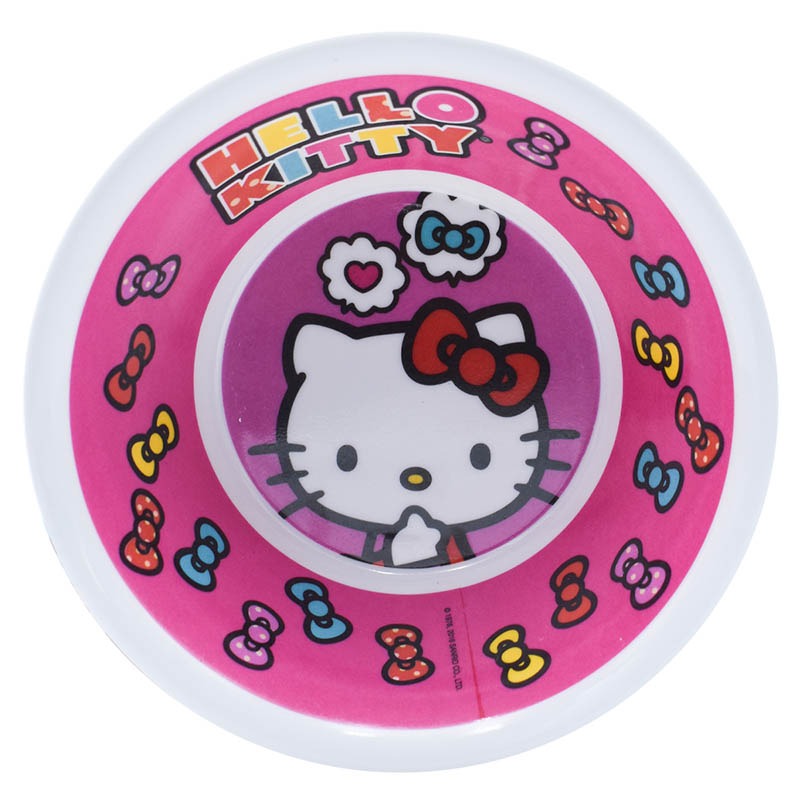 Fun Kids 1695-295W Juego de Vajilla de Melamina (Tipo Plástico) Hello Kitty Sanrio, Rosa, 3 Piezas: Plato, Bowl y Vaso de Agua, Producto Original