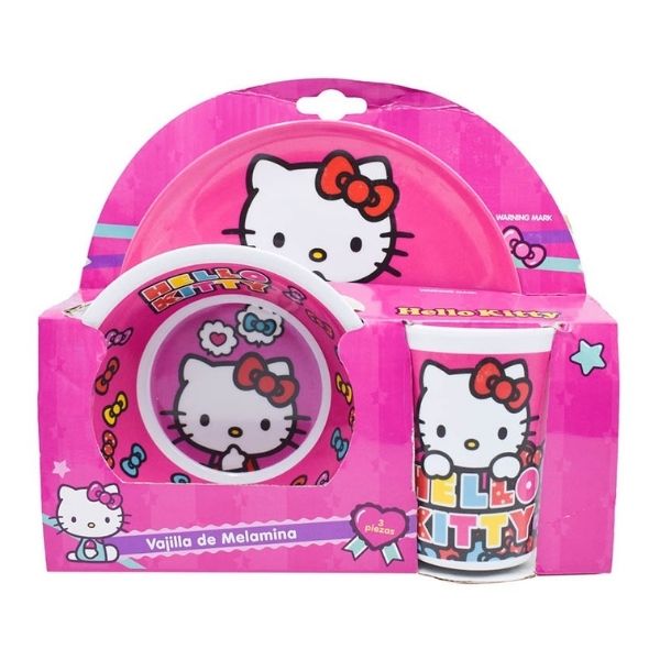 Fun Kids 1695-295W Juego de Vajilla de Melamina (Tipo Plástico) Hello Kitty Sanrio, Rosa, 3 Piezas: Plato, Bowl y Vaso de Agua, Producto Original