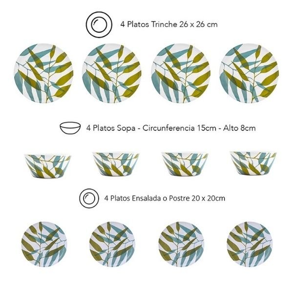 Top Choice 1725-240/242ML Vajilla Moderna de Melamina 12 Piezas, Platos y Bowls para 4 Personas Blanco con Verde Palmeras