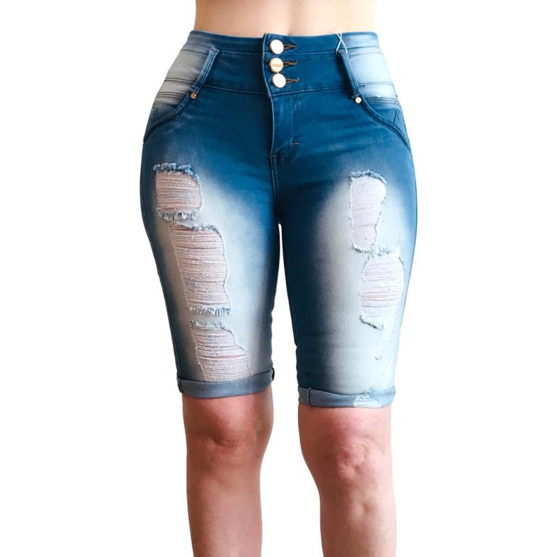 Bermuda short jeans rasgado roto skinny mezclilla mujer colombiano destrucción stretch Bella
