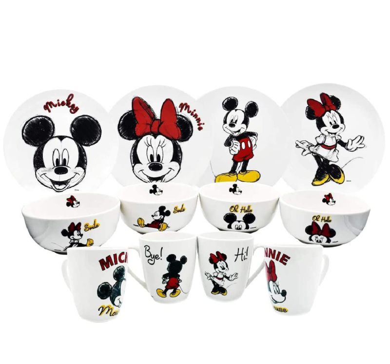  Vajilla Disney Mickey y Minnie Mouse de Porcelana 12 Piezas