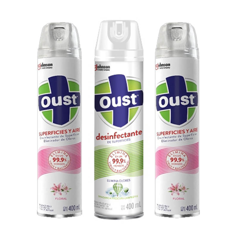 Oust Desinfectante 3 pack 400 ml c/u Multi superficies el 99.9% de hongos, virus y bacterias del aire y superficies.  