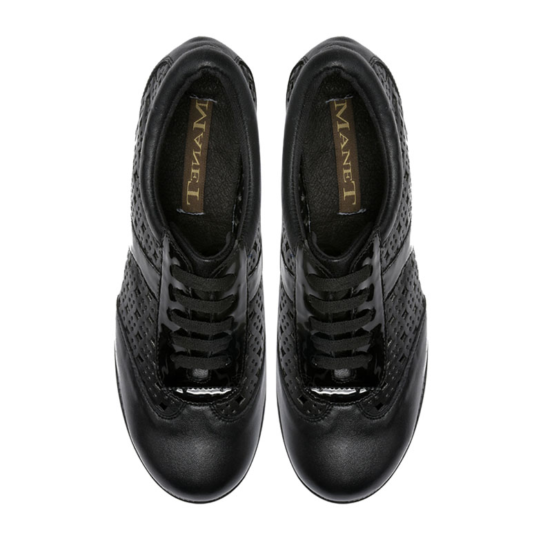 Tenis de cuña para mujer en parte superior de piel de becerro negra y plantilla de piel de cerdo.
