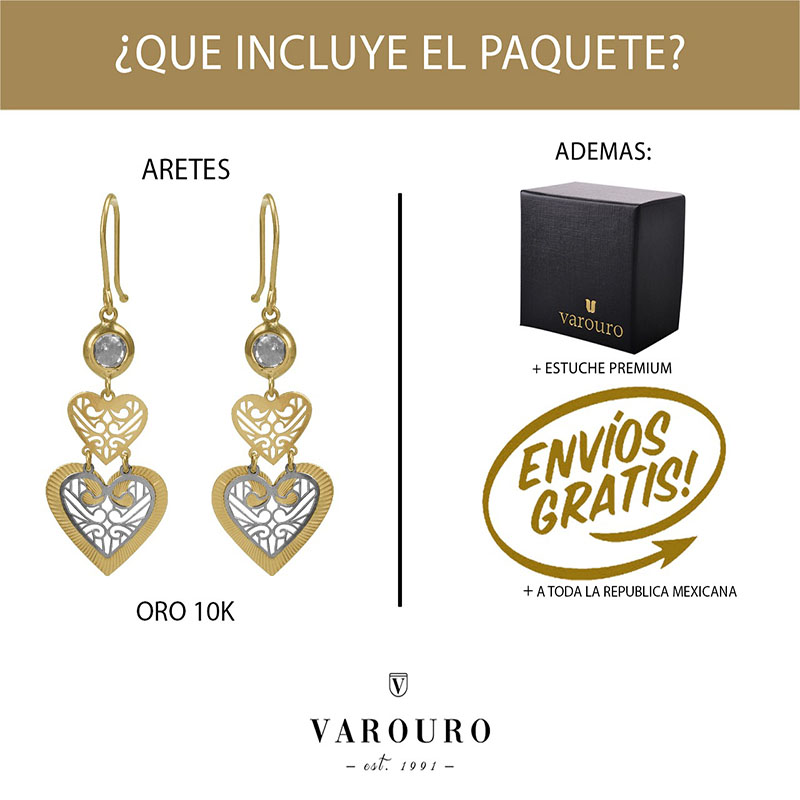 Aretes Corazón  VAROURO Oro Sólido De 10k + Estuche De Regalo