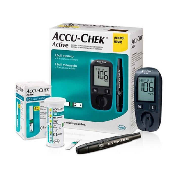 Glucometro Accu chek active Kit incluye tiras reactivas, dispositivo de puncion y lancetas para monitoreo de glucosa glucemia 