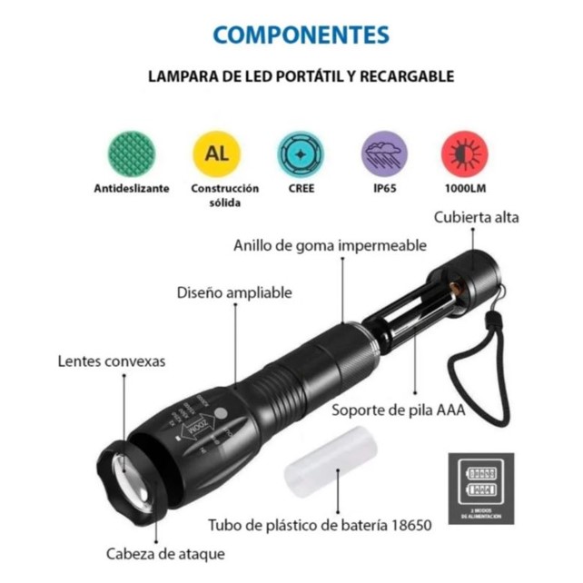 Lampara Táctica De Mano 3000 Lumen Cree Led T6 Recargable LJX
